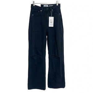 Bershka black cotton wide‎ leg ripped knees jeans size 4 NEW